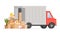 Box delivery by truck vector illustration, cartoon flat courier car van delivers boxes of goods, packages with home