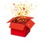 Box Exploision, Blast. Open Red Gift Box and Confetti. Enter to Win Prizes. Win, lottery, quiz. Vector Illustration