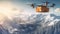 A box flies on a drone across a snowy mountain landscape. Futuristic delivery concept