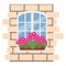 Box with flowers on the window, brick wall with red white window, vector illustration in flat style, cartoon, isolated