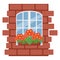 Box with flowers on the window, brick wall with white window, vector illustration in flat style, cartoon, isolated