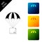 Box flying on parachute icon isolated. Parcel with parachute for shipping. Delivery service, air shipping concept, bonus