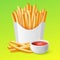 Box with french fries potato and ketchup, realistic vector illustration isolated.