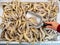 A box of frozen tiger prawns. Girl picks up a scoop of crayfish