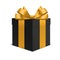 Box with gold bow black gift. Realistic party surprise 3D. Black friday, christmas or birthday closed cardboard wrapping