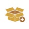 Box icon, delivery and shipping, open package, unbox icon with add sign. Box icon and new, plus, positive symbol