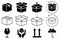 Box icon set in line style, delivery box, Package, export boxes, cargo box, return parcel, open package, with black fragile symbol