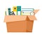 Box with office supplies. Folders, books, magnifier, calculator, pencils, paper. Vector isolate in cartoon flat style on a white b