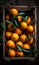 Box of oranges over view. Fresh natural tropical citrus in wooden box. Generative AI
