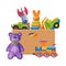 Box with Various Colorful Toys, Paper Container with Train, Teddy Bear, Truck, Pyramid Flat Vector Illustration