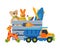 Box with Various Colorful Toys, Plastic Container with Truck, Teddy Bear, Scateboard, Pyramid, Giraffe on Wheels Flat