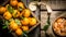 Box with whole mandarins, leaves, and spooned in a Cup.