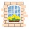 Box with yellow flowers on the window, brick wall with white window, vector illustration in flat style, cartoon