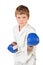 Boxer boy in white and blue boxing gloves fighting