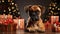 A Boxer dog with Christmas gift in festively decorated room, Generative AI