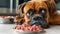 A boxer dog eagerly devouring a mix of raw meat strips, placed directly on a clean, light-colored floor