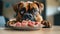 A boxer dog eagerly devouring a mix of raw meat strips, placed directly on a clean, light-colored floor