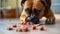 A boxer dog eagerly devouring a mix of raw meat strips, placed directly on a clean, light-colored floor