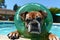 boxer dog with a green swim ring in a sunny outdoor pool