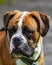 Boxer dog with moody expression in the sunlight.