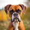 Boxer dog portrait in a sunny summer day. Closeup portrait of a purebred Boxer dog in the field. Outdoor Portrait of a beautiful