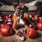 Boxer dog reclining, with associated boxing gloves around him