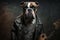 Boxer dog rocker in black leather jacket, portrait of animal with guitar, generative AI