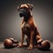 Boxer dog sits with boxing gloves around floor