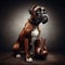 Boxer dog sits wearing boxing gloves around neck