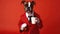 Boxer Dog In A Suit And Tie Carrying A Briefcase And A Cup Of Coffee On Red Background. Generative AI