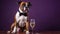 Boxer Dog In A Tuxedo Holding A Champagne Glass On Purple Background. Generative AI