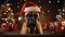 A Boxer dog wearing a red Christmas Santa Claus hat with gifts, Generative AI