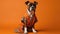 Boxer Dog Wearing Traditional Cultural Clothing From Their Heritage On Orange Color Background. Generative AI