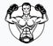 A boxer man in boxing gloves. Vector illustration of an athlete with a sporty physique. Winner. Black and white athlete
