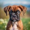Boxer puppy portrait on a sunny summer day. Closeup portrait of a cute purebred Boxer pup in the field. Outdoor portrait of a