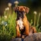 Boxer puppy sitting on the green meadow in summer green field. Portrait of a cute Boxer pup sitting on the grass with a summer