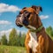 Boxer sitting on the green meadow in summer. Boxer dog sitting on the grass with a summer landscape in the background. AI