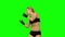 Boxer standing in the front and make swings and kicks. Green screen. Side view. Close up