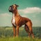 Boxer standing on the green meadow in summer. Boxer dog standing on the grass with a summer landscape in the background. AI