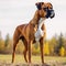 Boxer standing on the green meadow in summer. Boxer dog standing on the grass with a summer landscape in the background. AI