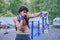 Boxer trains on a street sports ground