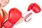 Boxer woman closeup during boxing exercise making direct hit with glove