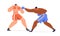 Boxers fighting. Wrestling battle of two strong fighters in gloves. Man athlete punching his opponent with arm at