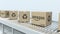 Boxes with AMAZON logo move on roller conveyor. Editorial 3D rendering