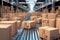 Boxes on conveyor belt in warehouse. 3D rendering. Cardboard boxes on conveyor belt in warehouse. Automatic production line.