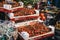 Boxes of fresh red tomatoes on sale in Borough Market, London, UK