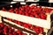 Boxes of fresh strawberries on the market