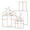 Boxes with gifts outline drawing for coloring. Vintage style