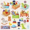 Boxes of kid toys vector illustration stuffed blocks cartoon cute graphic play childhood gift container.