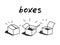 Boxes outline icons. Set of three handdrawn vector illustrations of black and white outlined delivery boxes with shadow